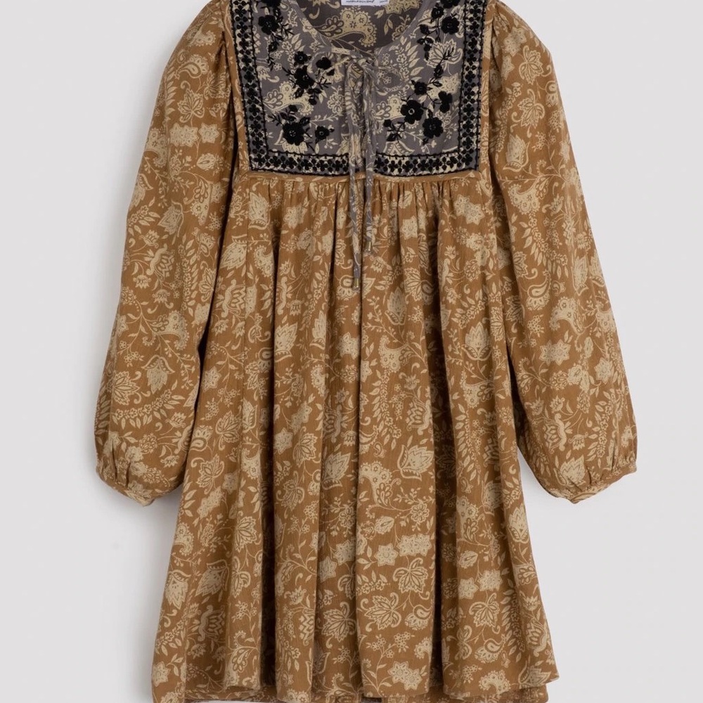 Unsubscribed Boho Embroidered Peasant Babydoll Mini Dress Paisley Size 4 NWOT